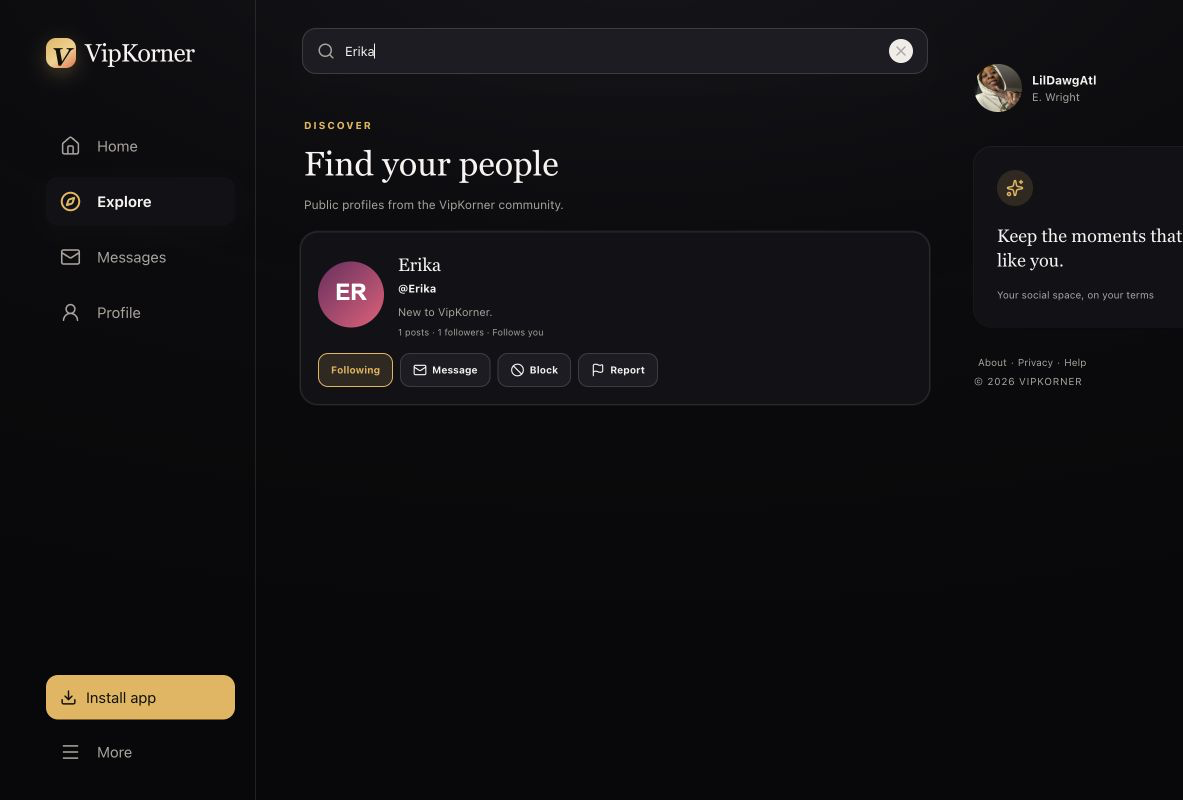 The VipKorner Explore view on desktop, showing a member profile and follow controls.