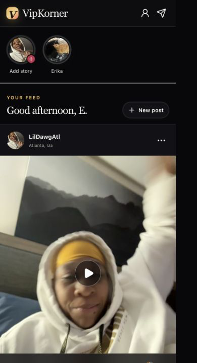 The VipKorner home feed with Short rings and posts from people you follow.