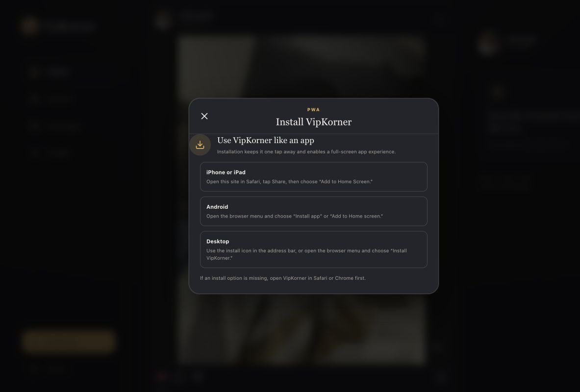 The VipKorner install prompt with instructions for adding the app to a home screen.