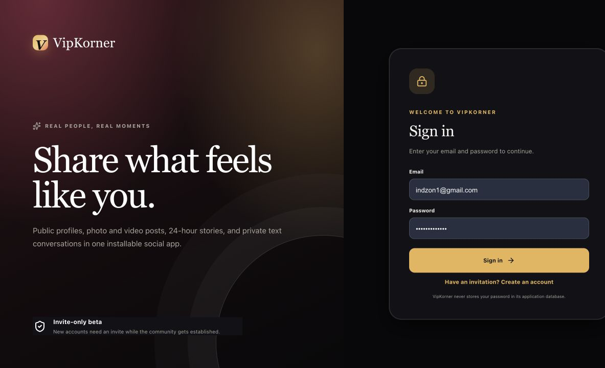 The VipKorner sign-in screen on desktop, with the editorial panel on the left and the form on the right.